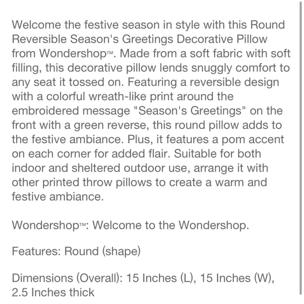 NEW Wondershop “Season’s Greetings” 15” Round Reversible Pillow